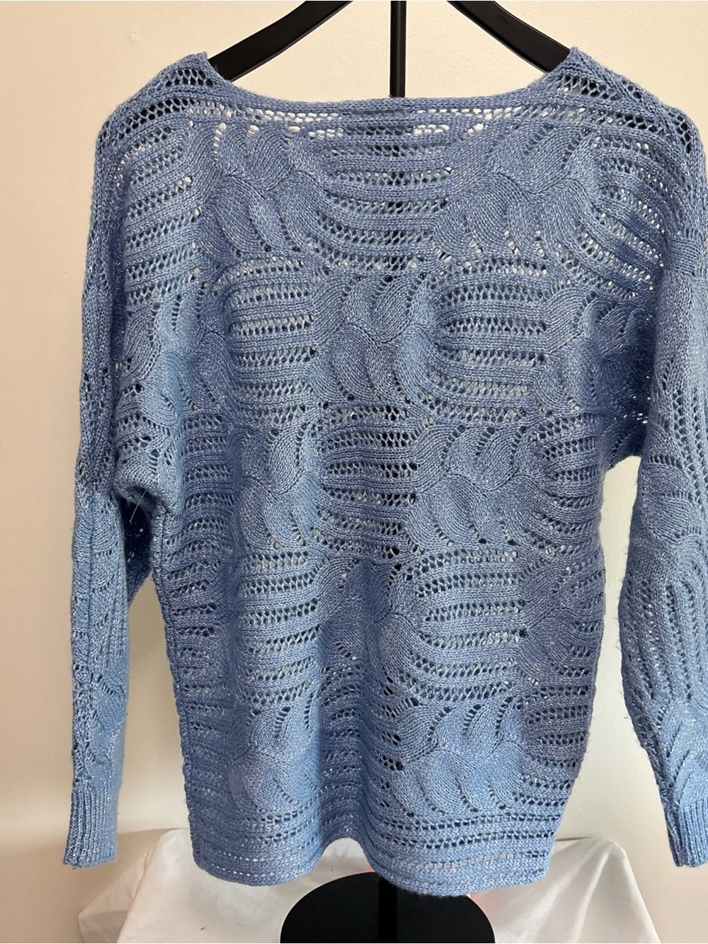 Women's Light Blue Openwork Crewneck Sweater - Picture 2 of 3